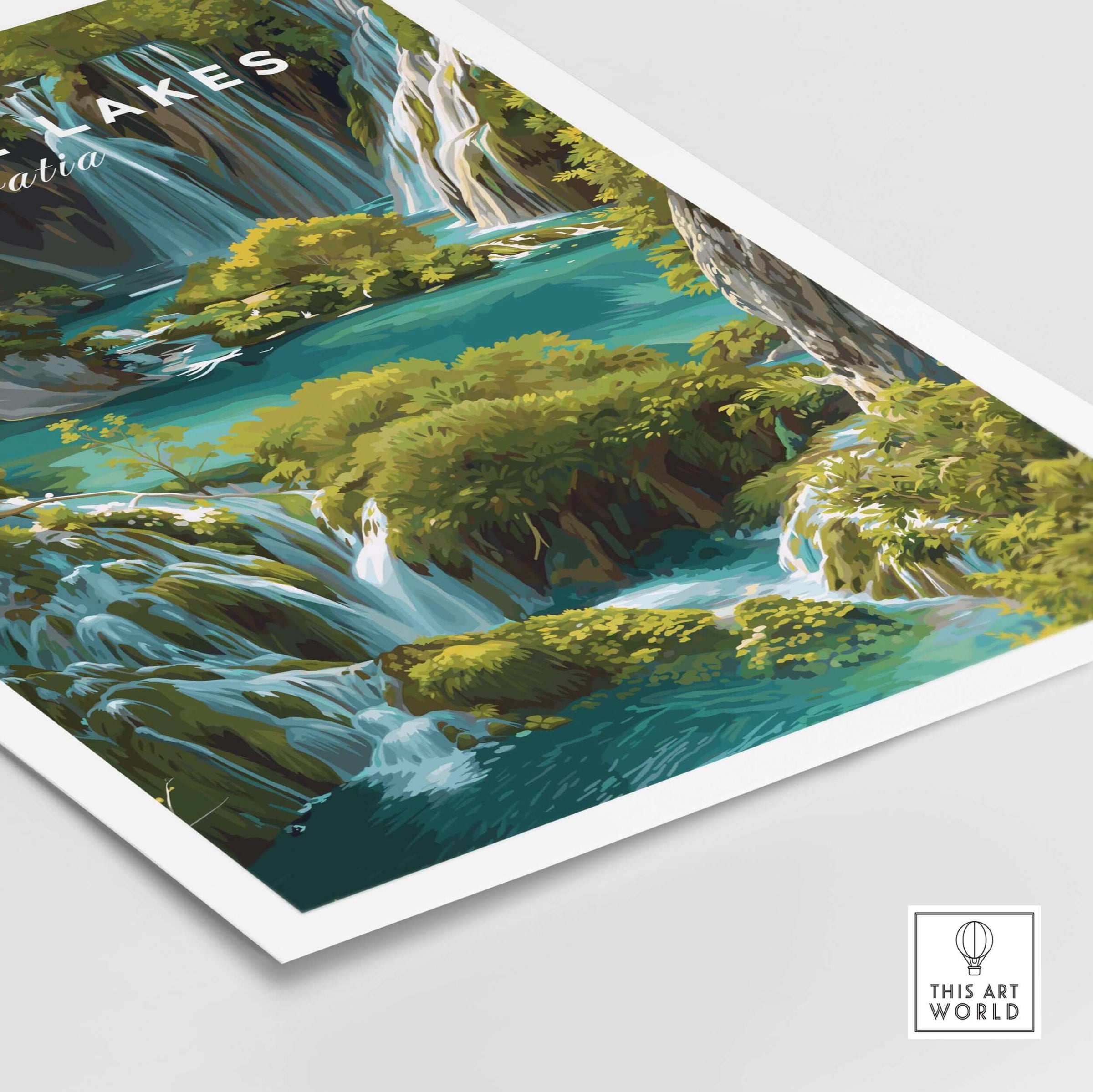 Plitvice Lakes Home Decor, Croatia National Park Poster, Natural Landscape Wall Art showcasing vibrant waterfalls and greenery.