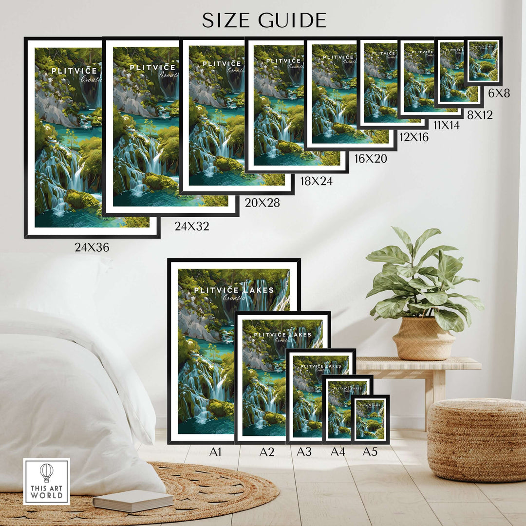 Plitvice Lakes poster size guide with varying dimensions displayed in an aesthetically pleasing living room setting.