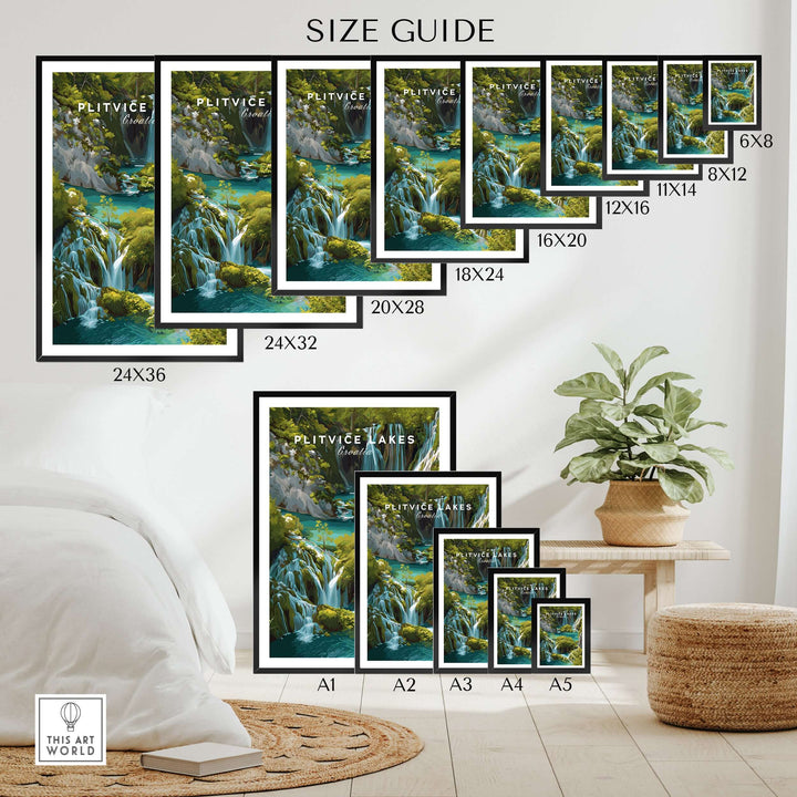 Plitvice Lakes poster size guide with varying dimensions displayed in an aesthetically pleasing living room setting.