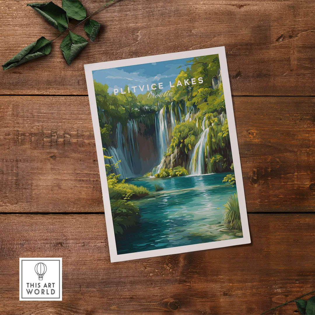 Plitvice Lakes National Park art print featuring lush waterfalls and serene waters, perfect for nature-inspired decor.
