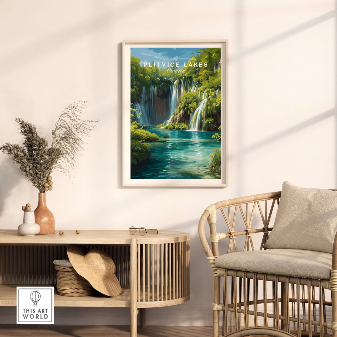 Plitvice Lakes National Park art print showcasing waterfalls and lush landscapes in a stylish interior setting.
