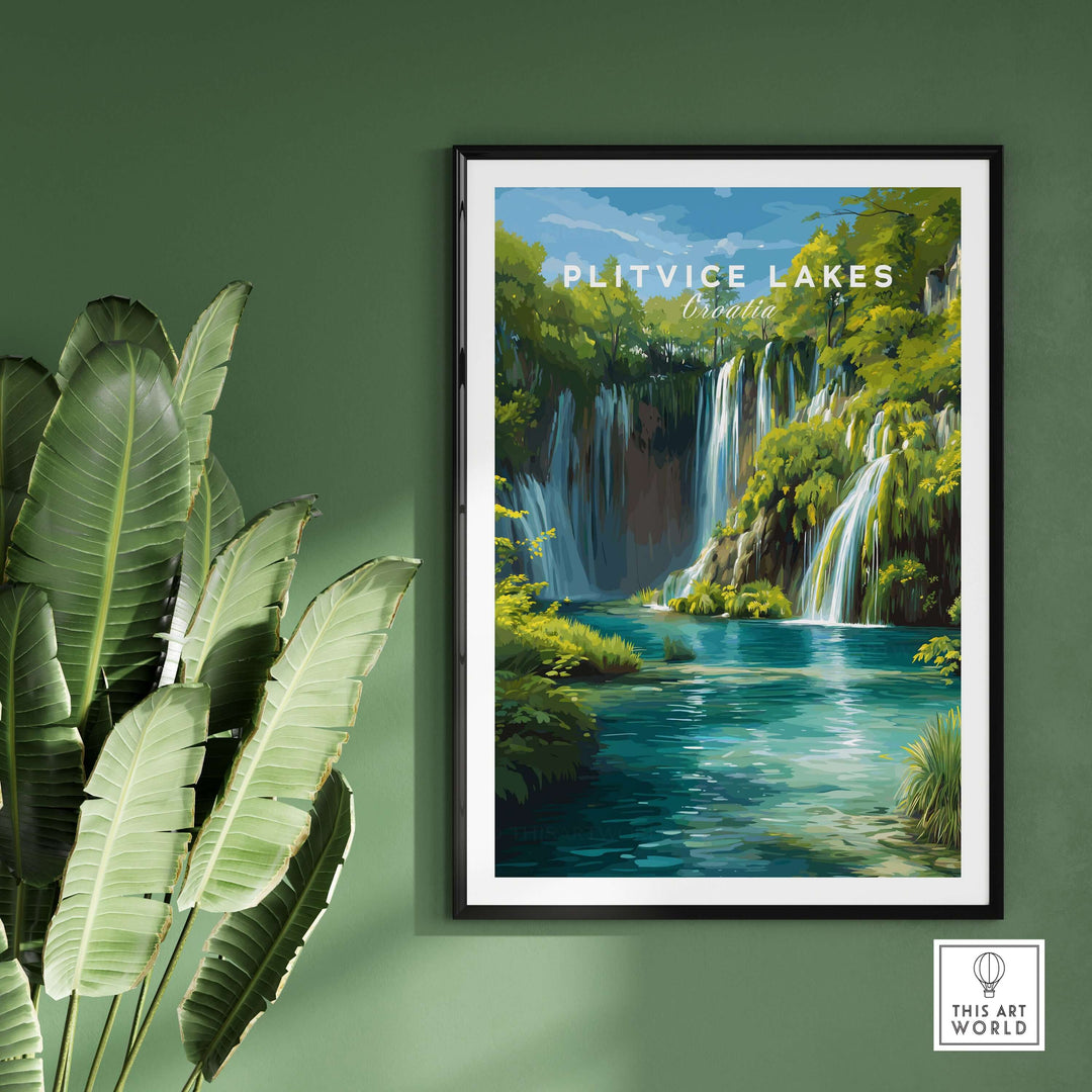 Plitvice Lakes National Park art print featuring lush waterfalls and turquoise waters, perfect for nature-inspired decor.