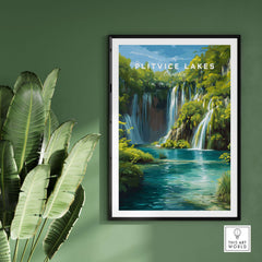 Plitvice Lakes National Park Art Print, European Nature Poster, Waterfall Wall Art framed on a green wall with plants.