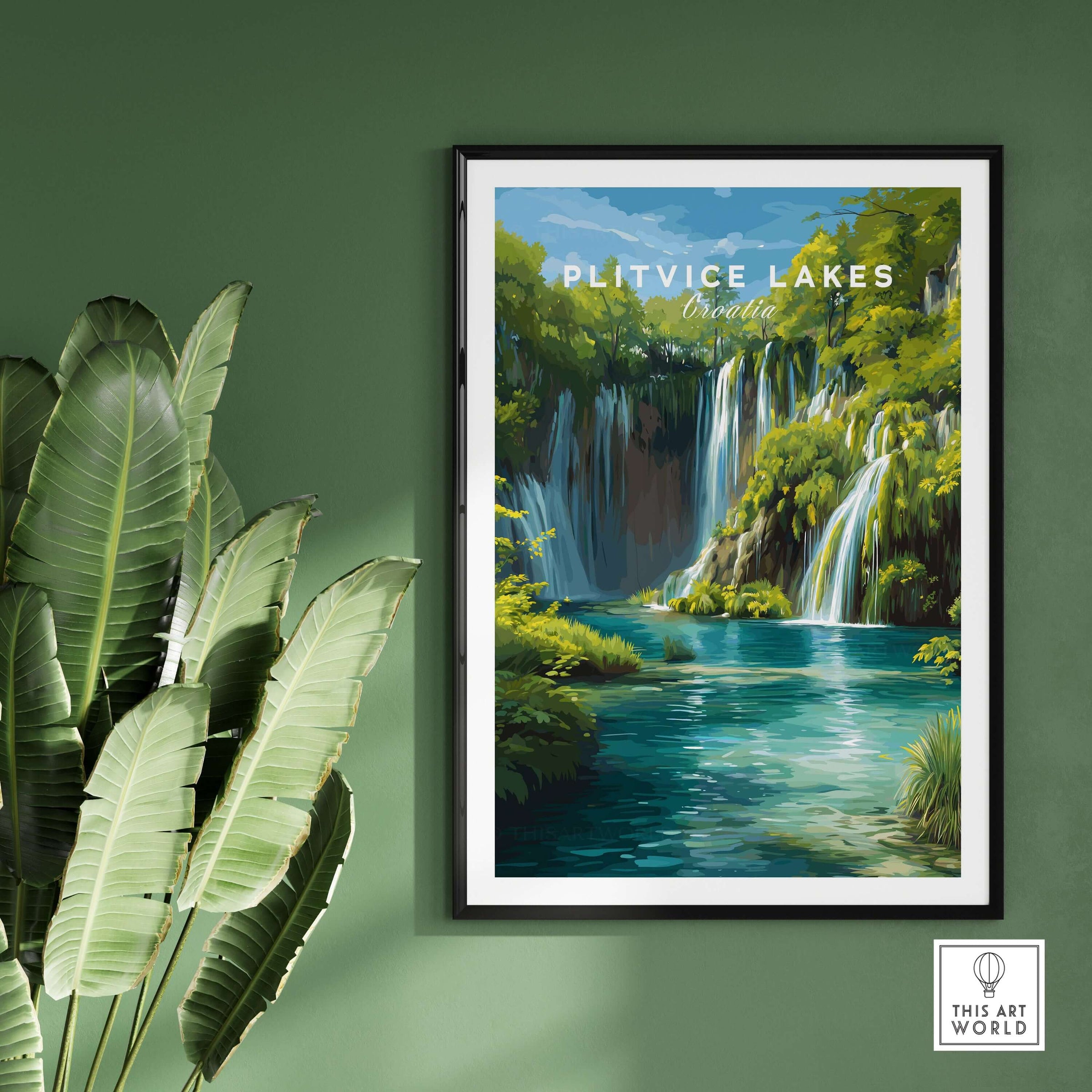 Plitvice Lakes National Park Art Print, European Nature Poster, Waterfall Wall Art framed on a green wall with plants.