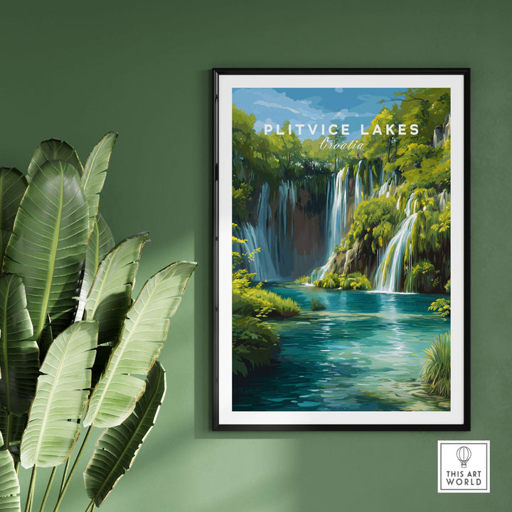Plitvice Lakes National Park art print featuring lush waterfalls and turquoise waters, perfect for nature-inspired decor.