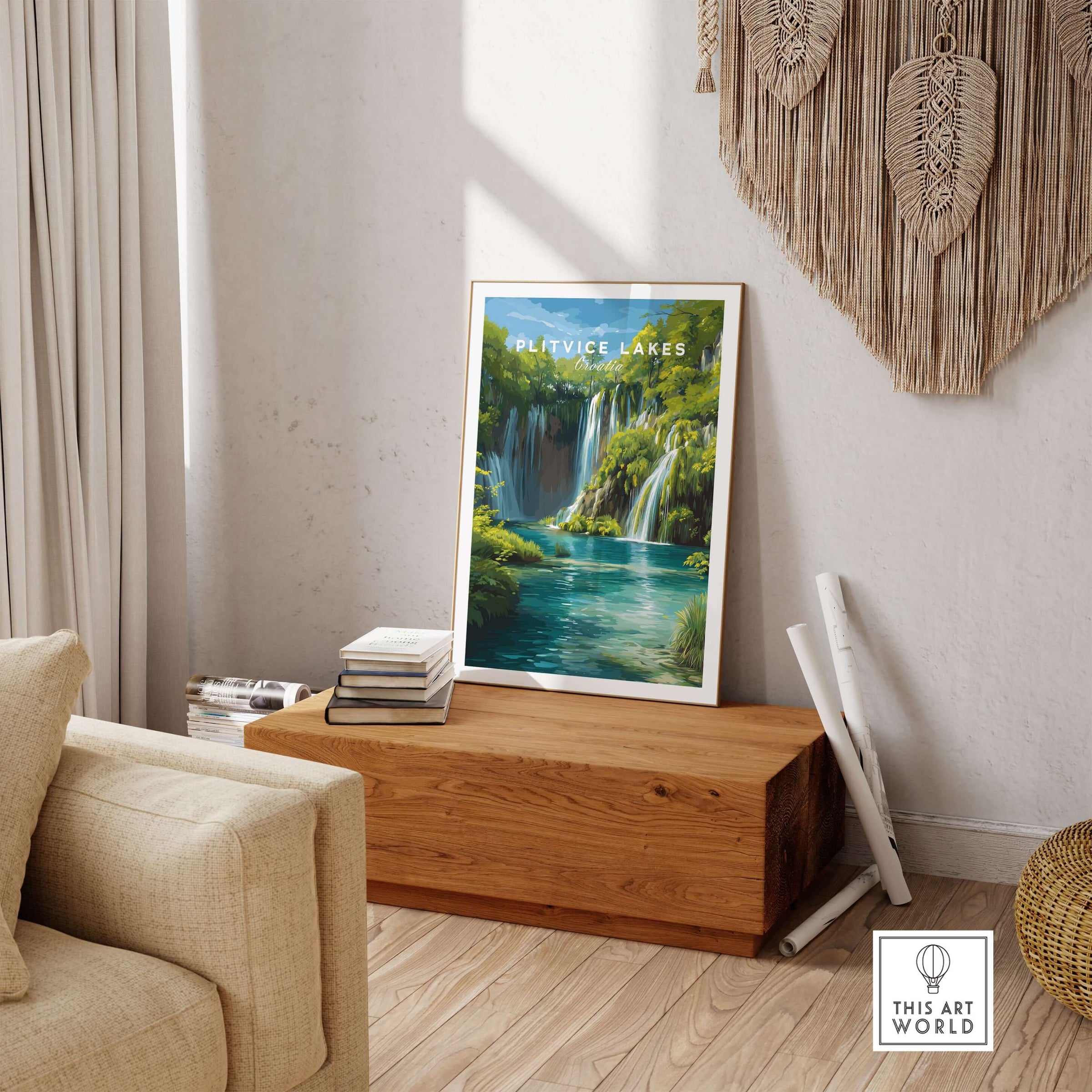 Plitvice Lakes National Park Art Print, European Nature Poster, Waterfall Wall Art displayed in a modern living room.