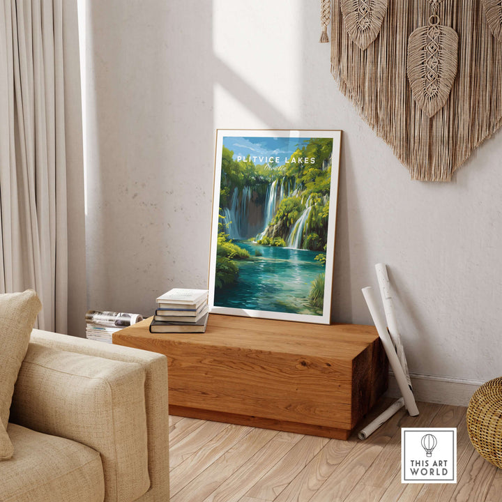 Art print of Plitvice Lakes National Park featuring lush waterfalls and serene turquoise waters in a modern living space.