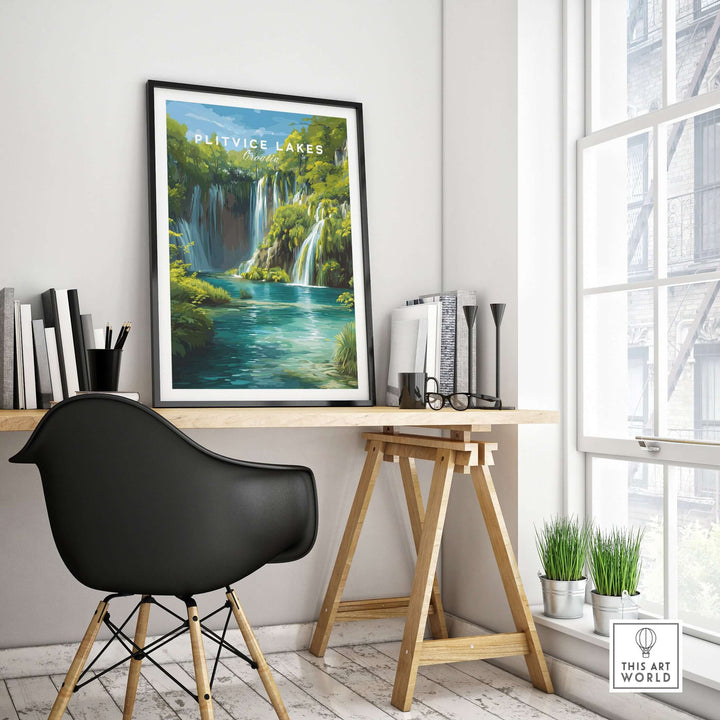 Plitvice Lakes National Park art print displayed in a modern workspace with a black chair and plants.