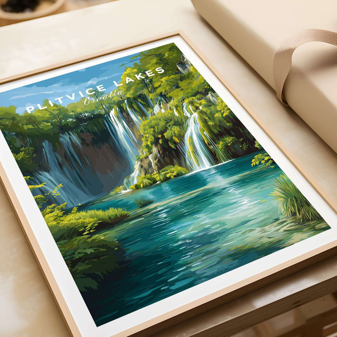 Plitvice Lakes National Park art print featuring lush waterfalls and serene blue waters, perfect for nature lovers.