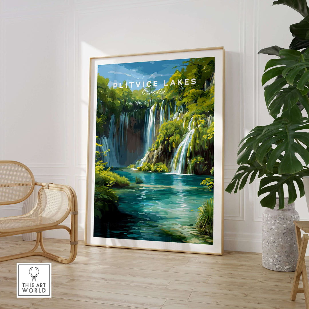 Art print of Plitvice Lakes showcasing vibrant waterfalls and lush landscapes in a modern interior setting.