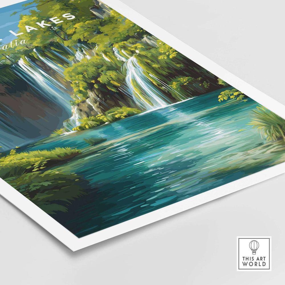 Plitvice Lakes National Park art print showcasing beautiful waterfalls and lush landscapes in vibrant colors.