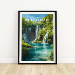 Plitvice Lakes National Park Art Print, European Nature Poster, Waterfall Wall Art displayed in a stylish frame.