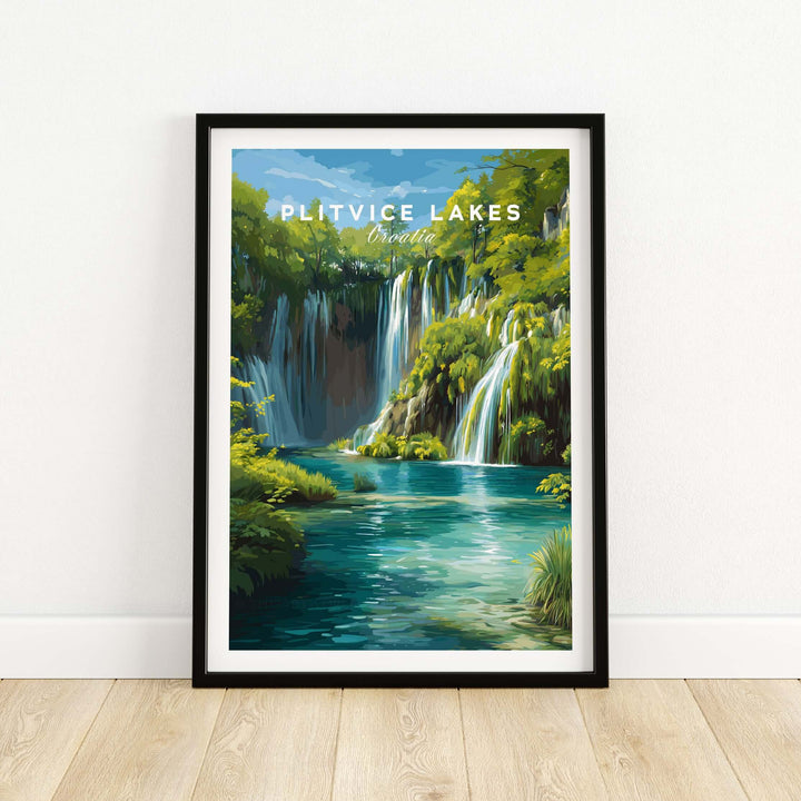 Plitvice Lakes National Park art print featuring vibrant waterfalls and lush greenery, perfect for nature-inspired decor.