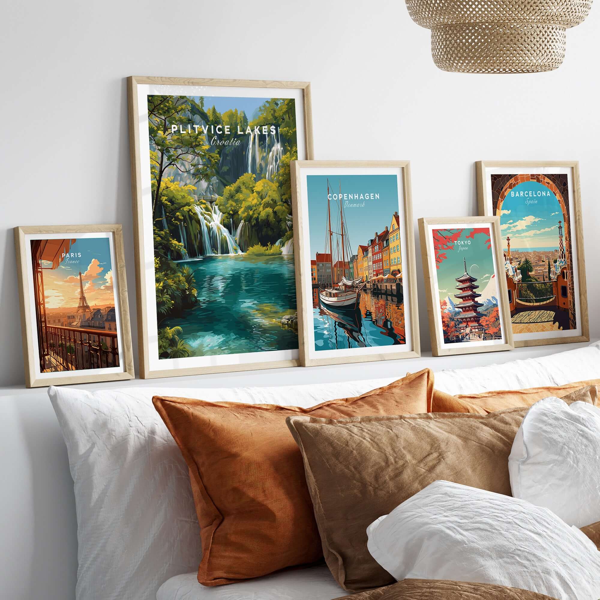 Framed Plitvice Lakes National Park Print, Croatia Travel Poster among other travel posters on a stylish home decor display.
