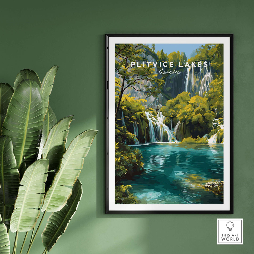 Plitvice Lakes National Park print featuring turquoise waters and lush greenery, perfect for travel enthusiasts.