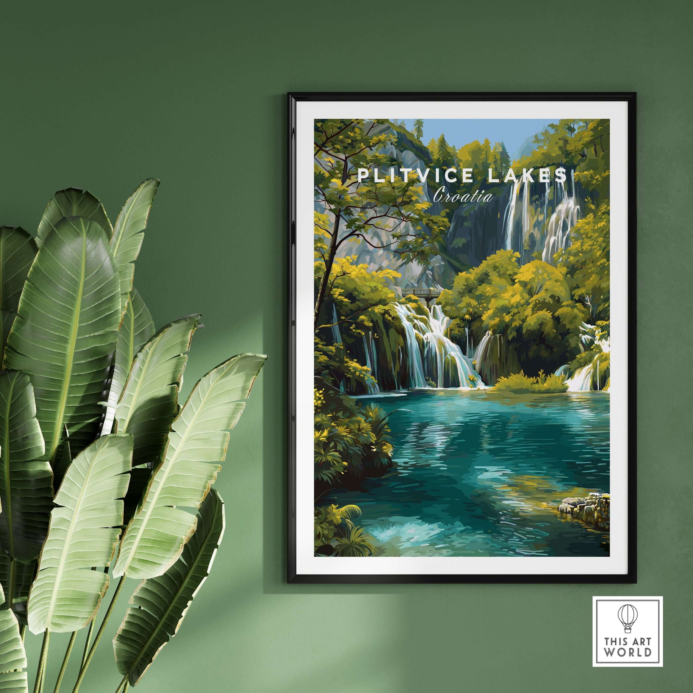 Plitvice Lakes National Park Print, Croatia Travel Poster showcasing turquoise waters and lush greenery.
