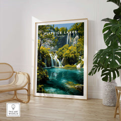 Plitvice Lakes National Park Print, Croatia Travel Poster displayed in a stylish living room setting.