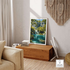 Plitvice Lakes National Park Print, Croatia Travel Poster displayed in a cozy living space with natural decor.