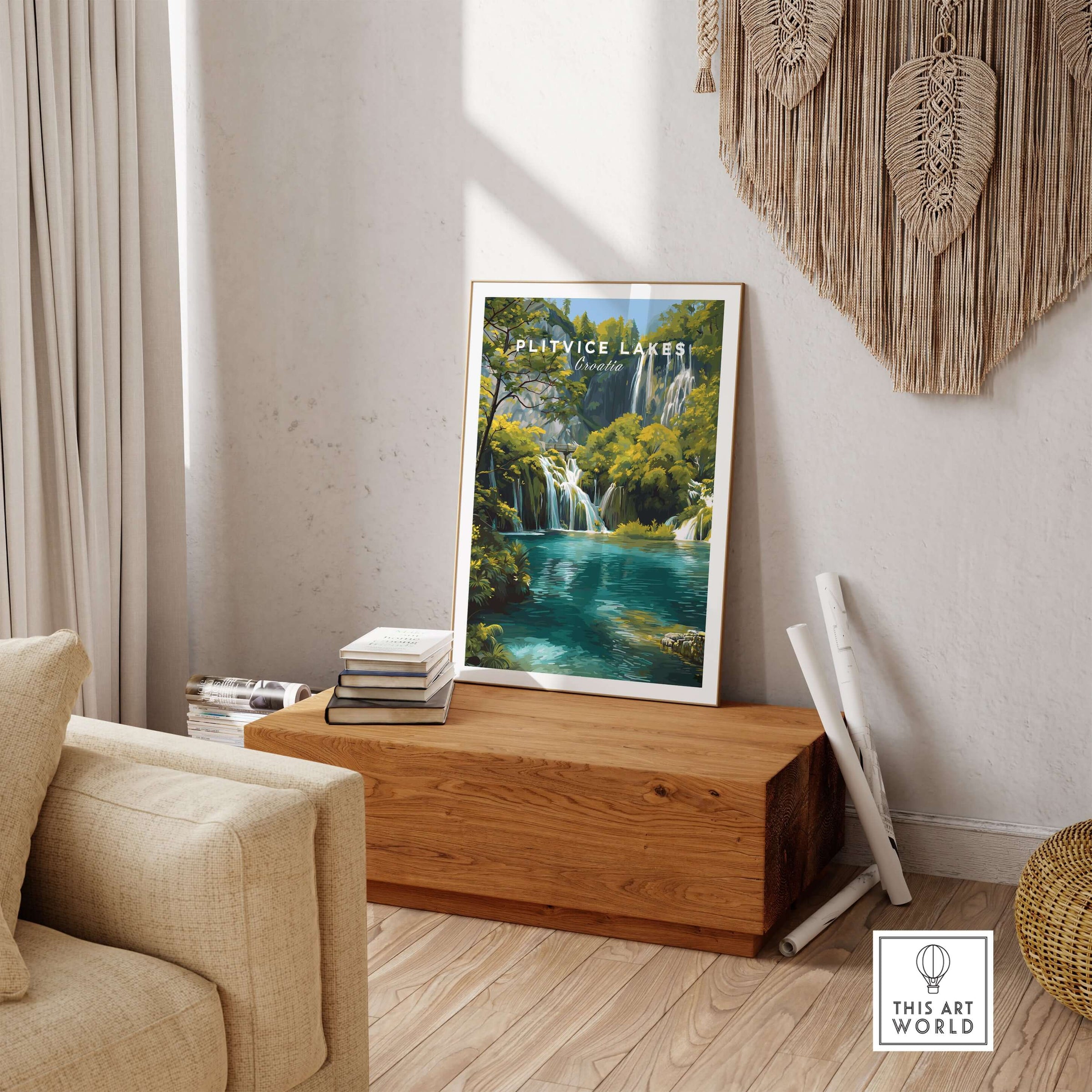 Plitvice Lakes National Park Print, Croatia Travel Poster displayed in a cozy living space with natural decor.