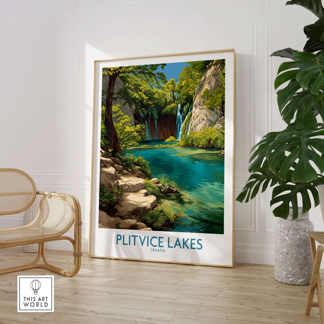 Plitvice Lakes National Park print featuring turquoise waters and lush greenery in a stylish interior setting.