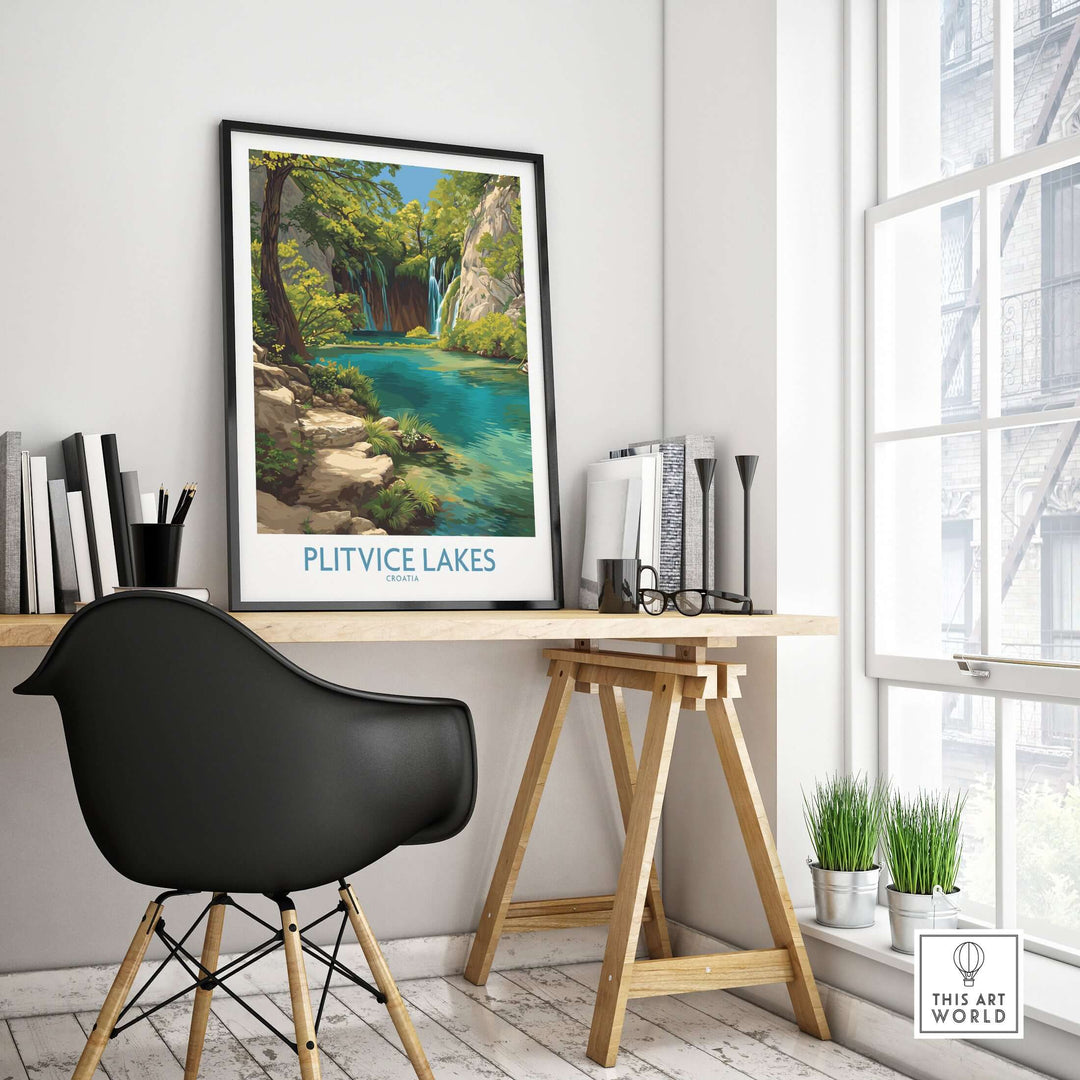 Plitvice Lakes National Park print displayed in a home office, showcasing turquoise water and lush landscapes.
