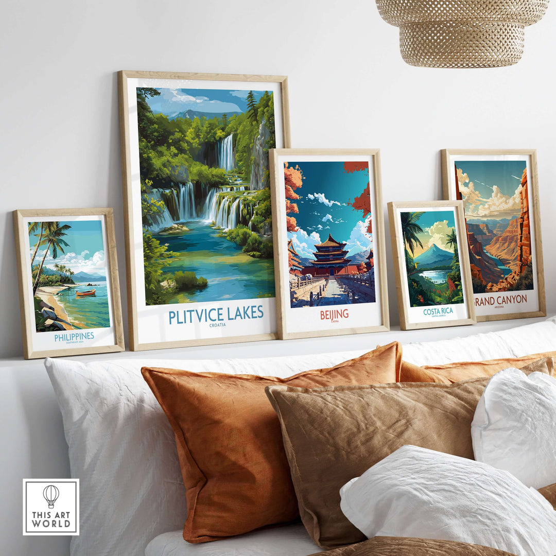 Collection of travel posters including Plitvice Lakes, showcasing vibrant landscapes and natural beauty.