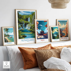 Plitvice Lakes National Park Poster, Croatia Waterfall Print, Layered Waterfall Wall Art displayed on a modern wall.