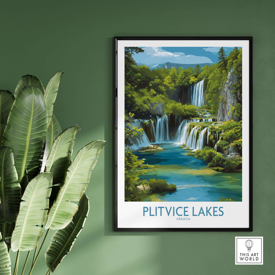 Plitvice Lakes National Park poster featuring vibrant waterfalls and lush greenery, perfect for nature-inspired decor.