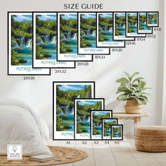 Plitvice Lakes National Park Poster, Croatia Waterfall Print, Layered Waterfall Wall Art size guide with various dimensions.