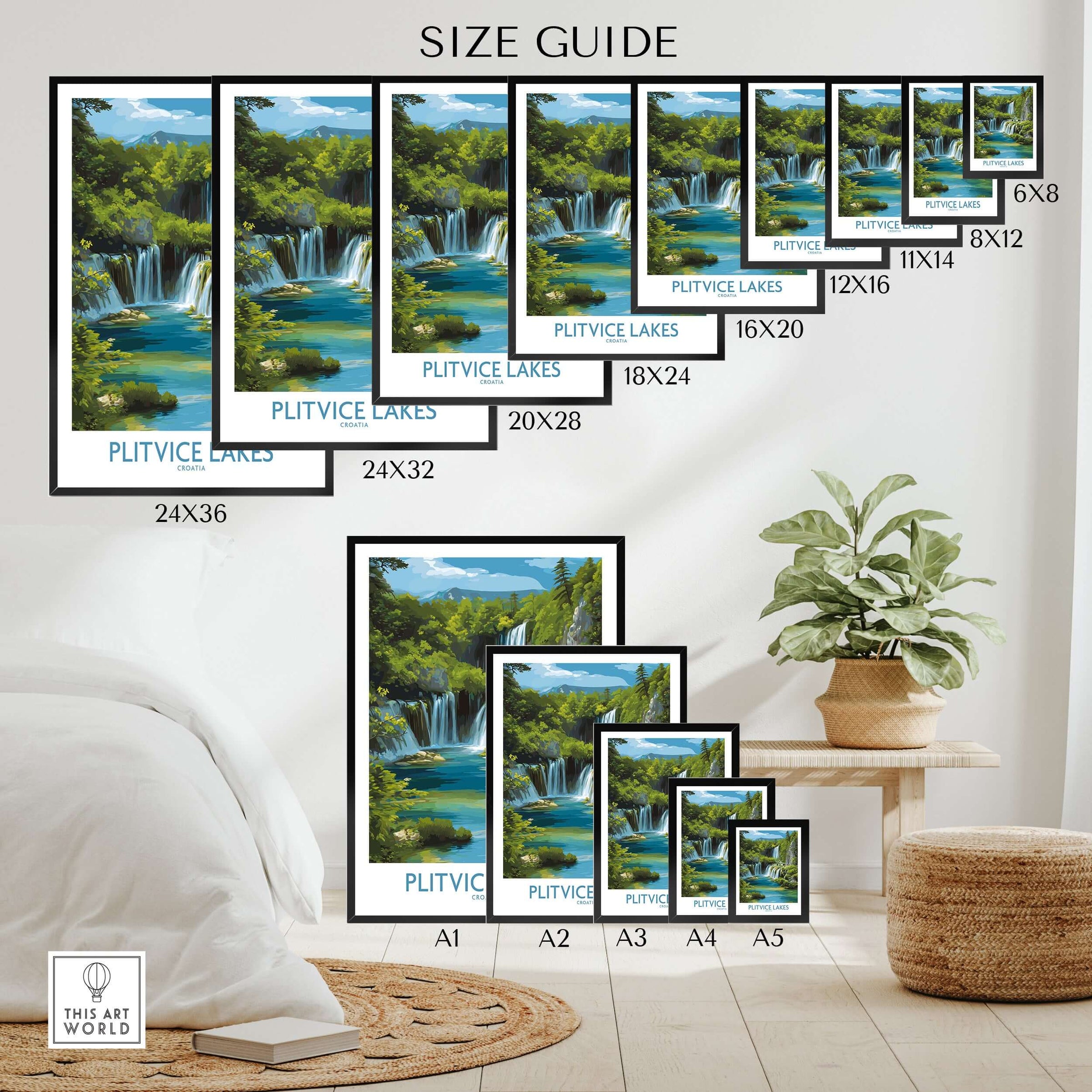 Plitvice Lakes National Park Poster, Croatia Waterfall Print, Layered Waterfall Wall Art size guide with various dimensions.