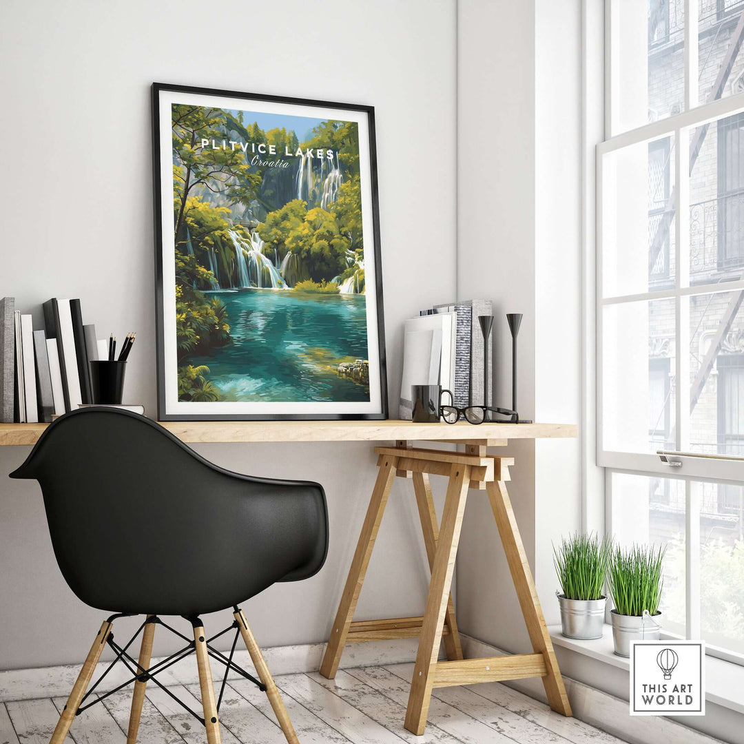 Plitvice Lakes National Park print in modern home office featuring turquoise waters and lush greenery.