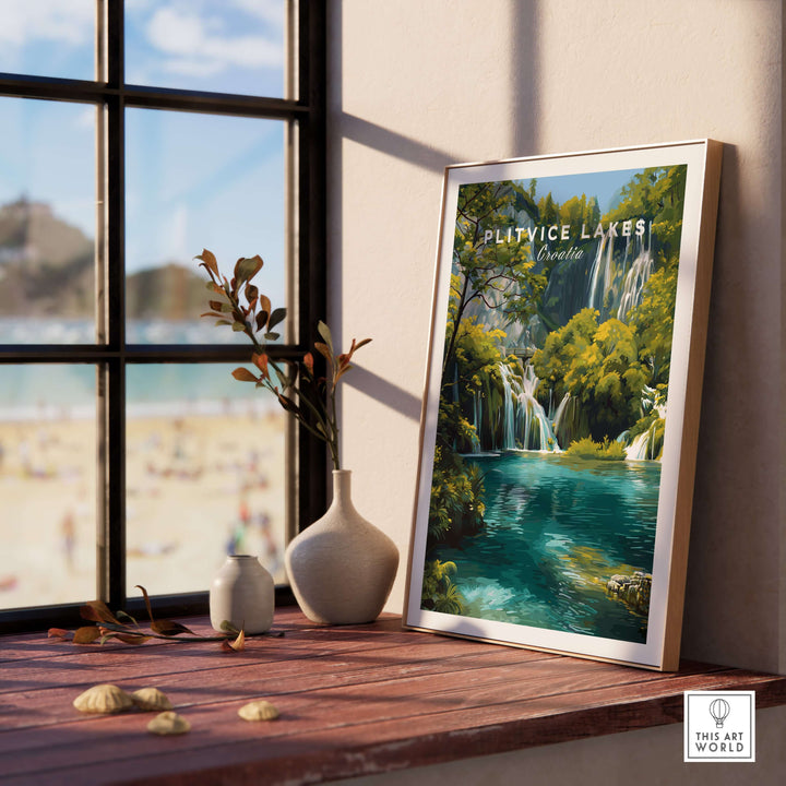 Plitvice Lakes National Park travel poster showcasing turquoise waters and lush greenery in a serene interior setting.