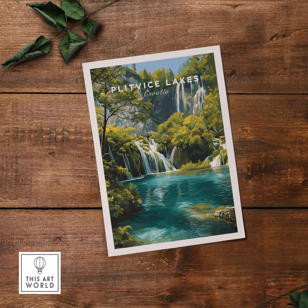 Plitvice Lakes National Park travel poster showcasing turquoise waters and lush greenery, ideal for Croatia decor.