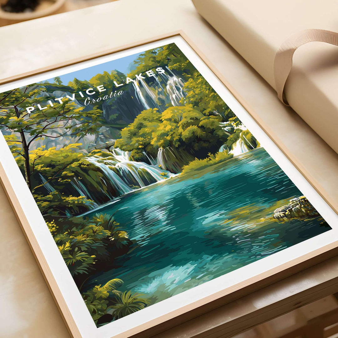 Plitvice Lakes National Park print featuring turquoise waters and lush greenery in a framed travel poster.
