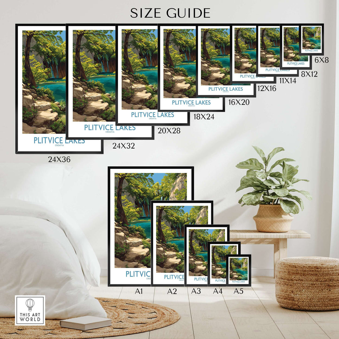 Size guide for Plitvice Lakes National Park print showcasing available dimensions for wall art.
