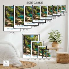 Plitvice Lakes National Park Print, Croatia Travel Poster, Turquoise Water Wall Art size guide with various frame options.