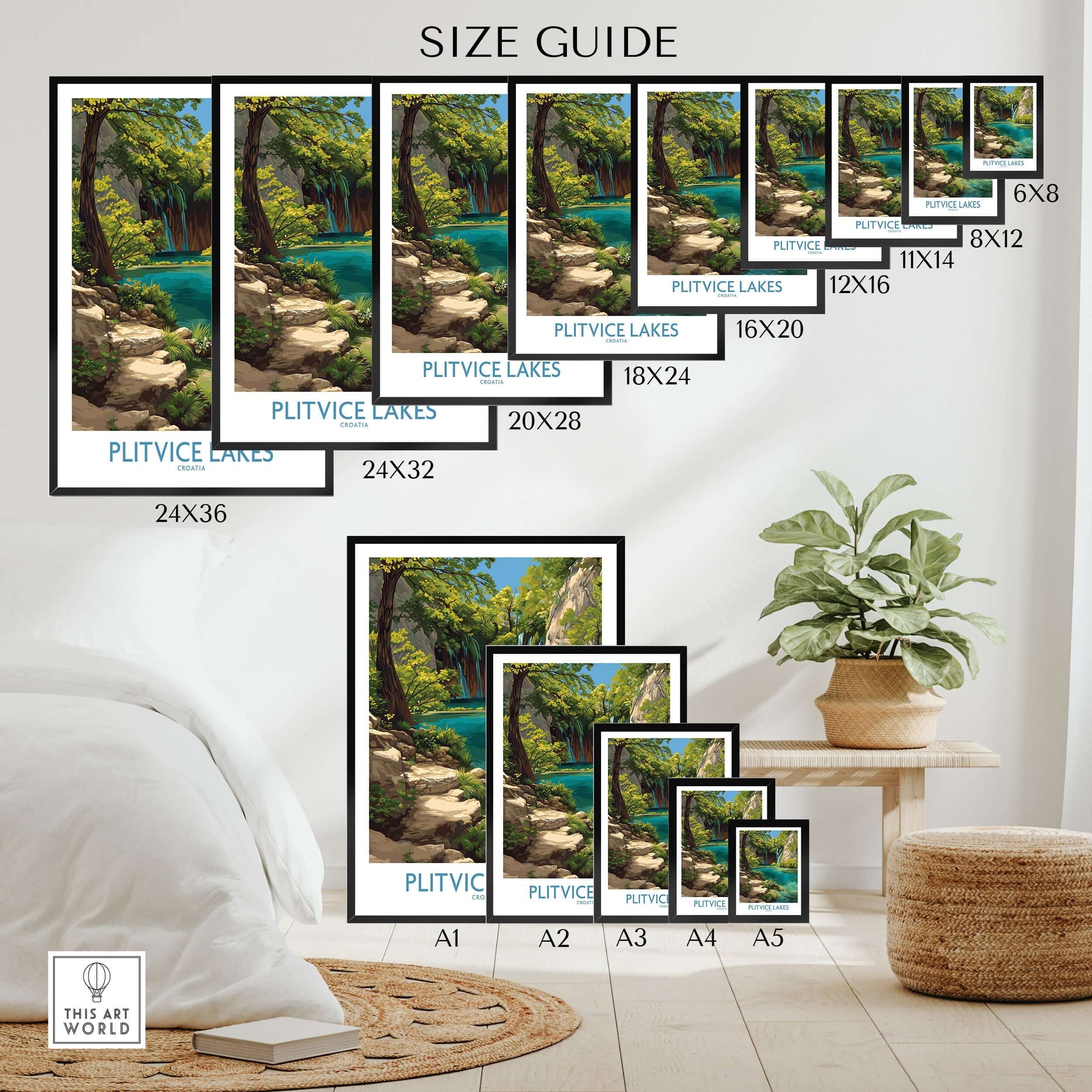 Plitvice Lakes National Park Print, Croatia Travel Poster, Turquoise Water Wall Art size guide with various frame options.