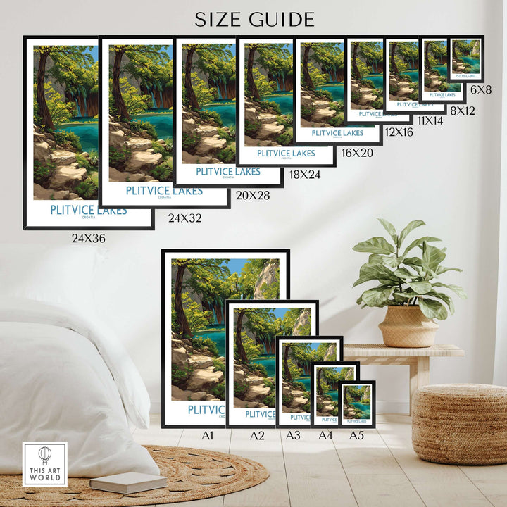 Size guide for Plitvice Lakes National Park print showcasing available dimensions for wall art.