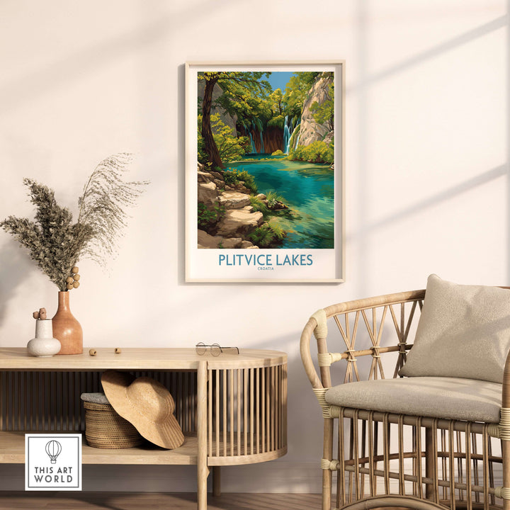 Plitvice Lakes National Park print showcasing turquoise waters and lush landscapes, perfect for travel enthusiasts.