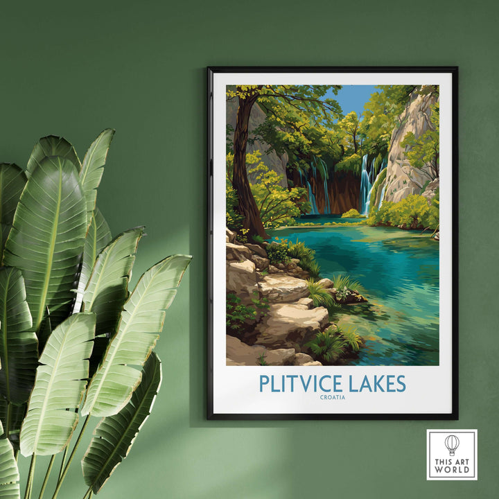 Framed Plitvice Lakes National Park print showcasing turquoise waters and lush greenery, perfect for wall art.