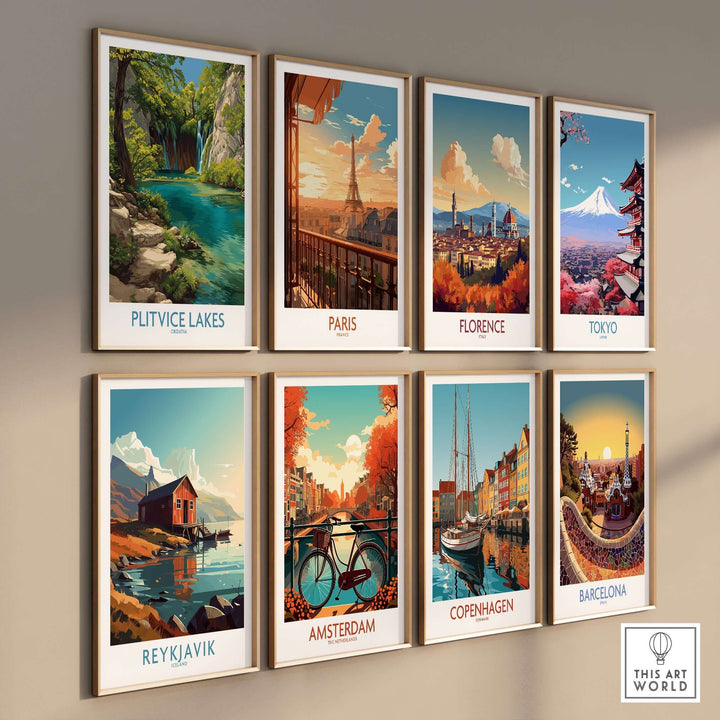 Colorful travel posters featuring iconic cities and landscapes, including Plitvice Lakes and Paris, on a gallery wall.