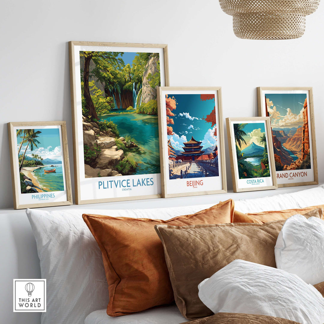 Plitvice Lakes National Park print with other travel posters in a cozy living room setting