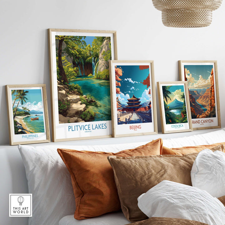 Plitvice Lakes National Park print with other travel posters in a cozy living room setting