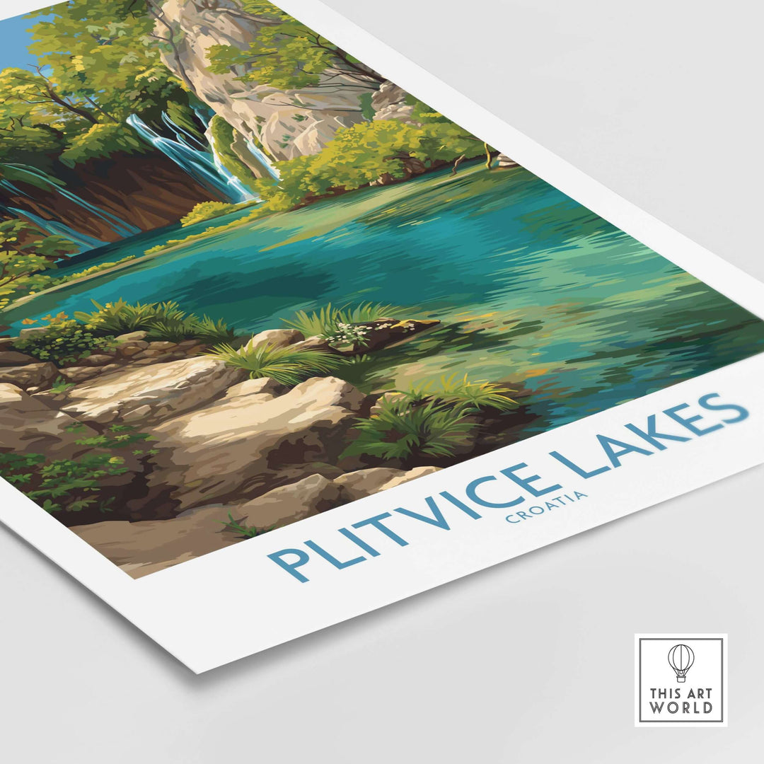 Vibrant Plitvice Lakes National Park print featuring turquoise waters and lush landscapes in Croatia.