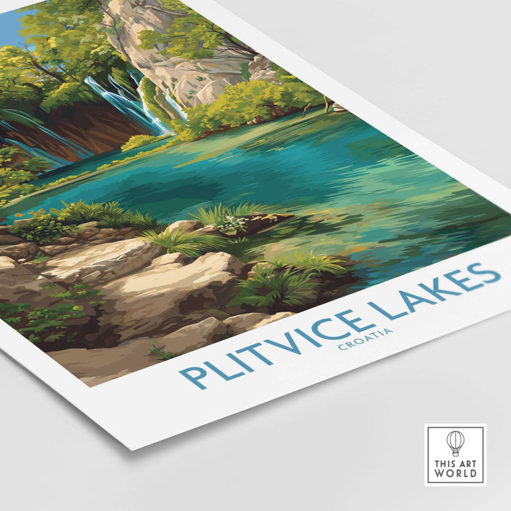 Vibrant Plitvice Lakes National Park print featuring turquoise waters and lush landscapes in Croatia.