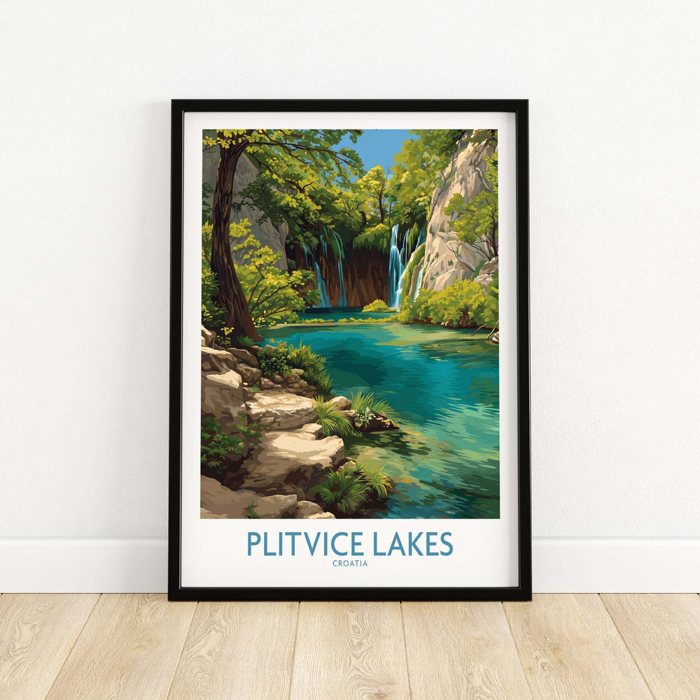 Plitvice Lakes National Park print featuring turquoise waters and lush greenery, perfect for travel decor.