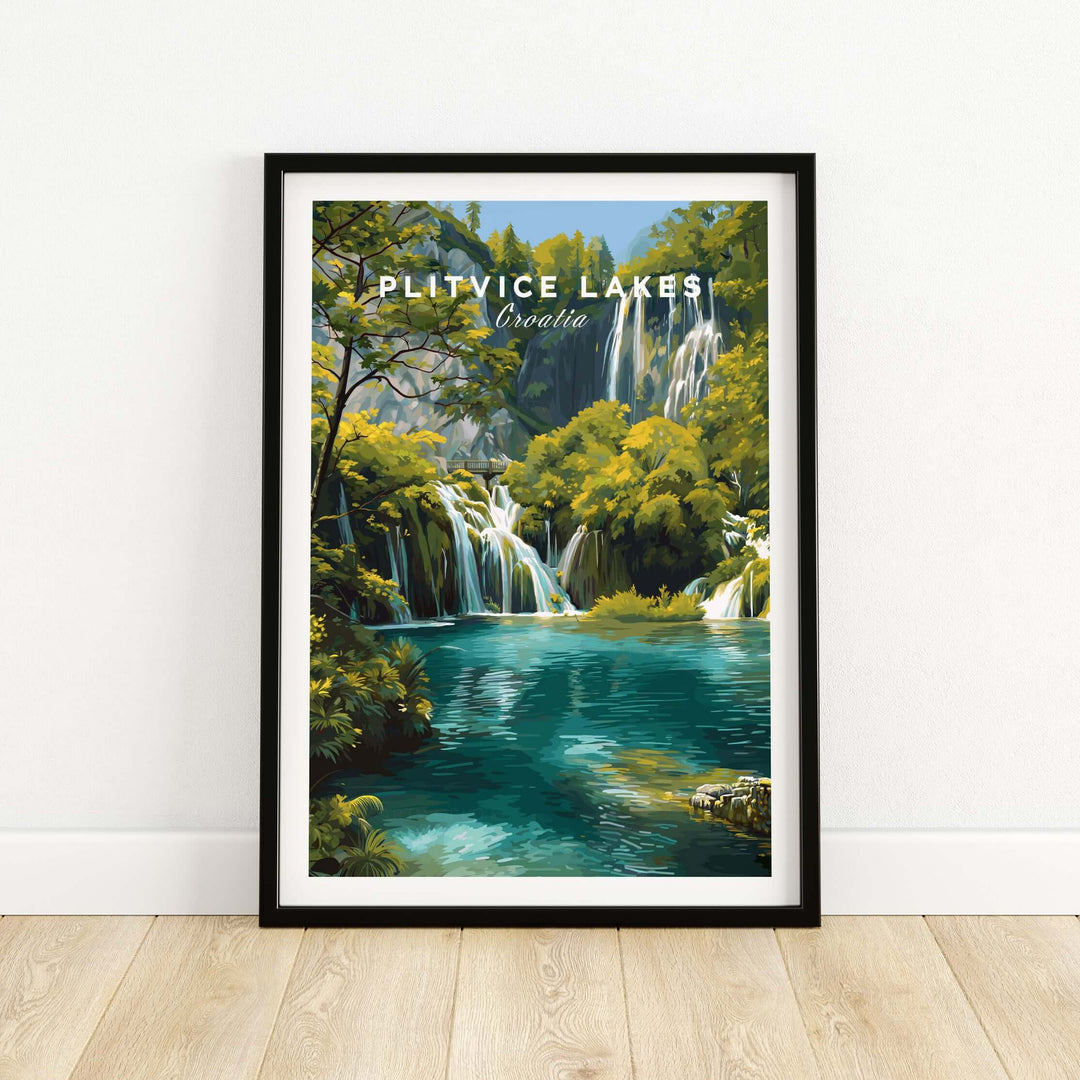 Plitvice Lakes National Park print showcasing turquoise waters and lush greenery, perfect for travel and nature lovers.