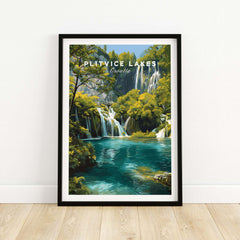 Plitvice Lakes National Park Print, Croatia Travel Poster featuring turquoise waters and lush greenery.