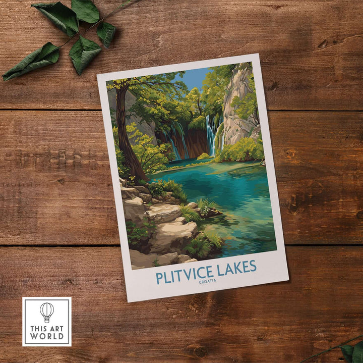 Plitvice Lakes National Park print showcasing turquoise waters and lush greenery, perfect for wall art decor.