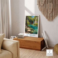 Plitvice Lakes National Park Print, Croatia Travel Poster, Turquoise Water Wall Art displayed in a stylish room.